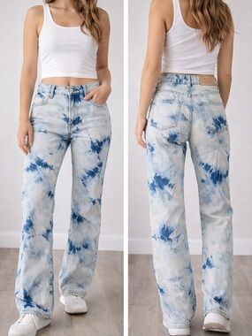BDG High & Wide Tie Dye Jeans Size 24 Blue White Straight Leg Trendy